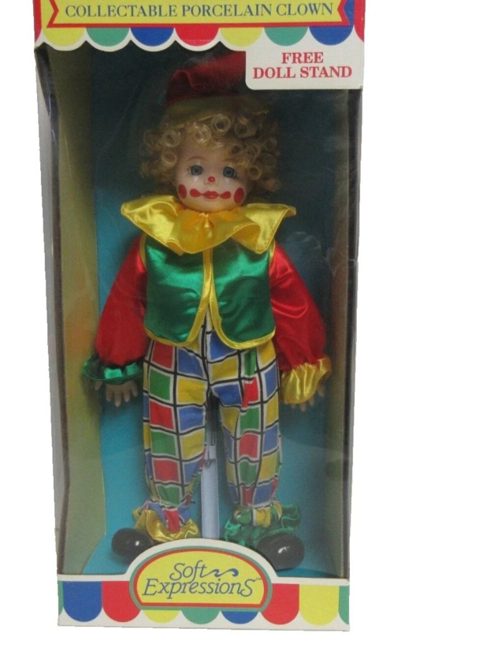 VTG Porcelain Clown Doll Soft Expressions Collectable classic Series W/Stand 17"